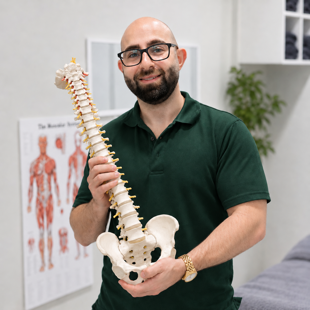 Joseph Bitar holding a spine anatomy model at Unified Chiro